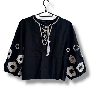 House of Harlow Black Top with Cream Embroidery Lace Up Style
